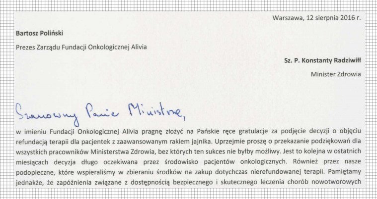 pismo fundacji alivia do ministra zdrowia